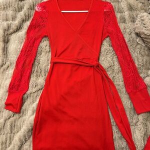 Elegant Red Lace Sleeve Wrap Dress